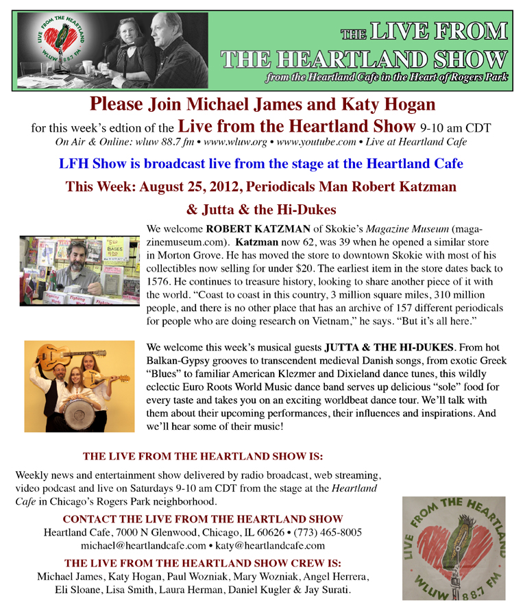 Image of the Heartland Show WLUL 88.7 FM August 25, 2012 poster clipping about Jutta & the Hi-Dukes (tm)